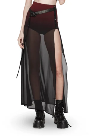 Black sheer gothic maxi skirt with high thigh slit and studded waist belt, front three-quarter view on model