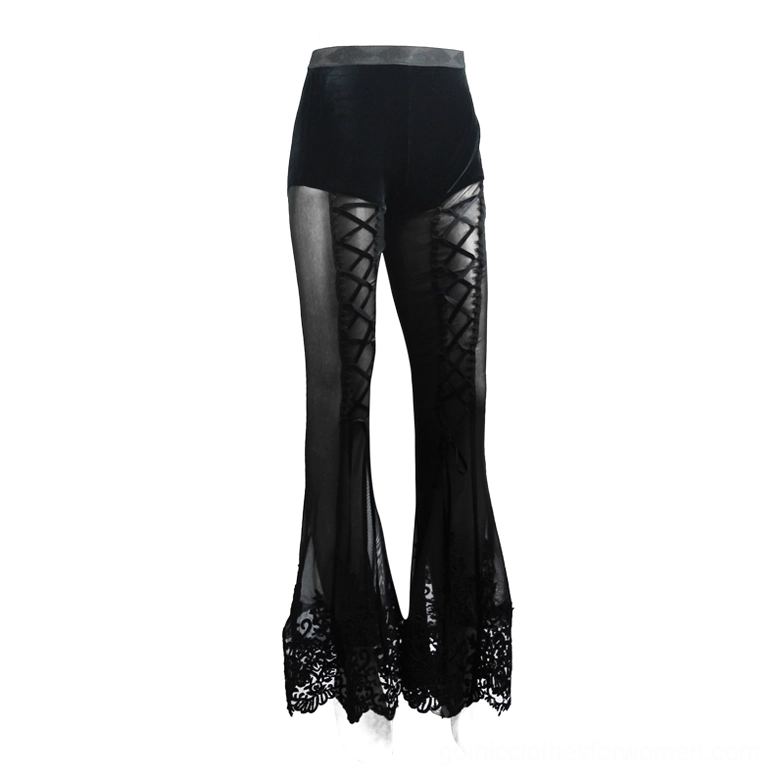 Black sheer mesh pants with velvet waist and lace-up detailing, full front view