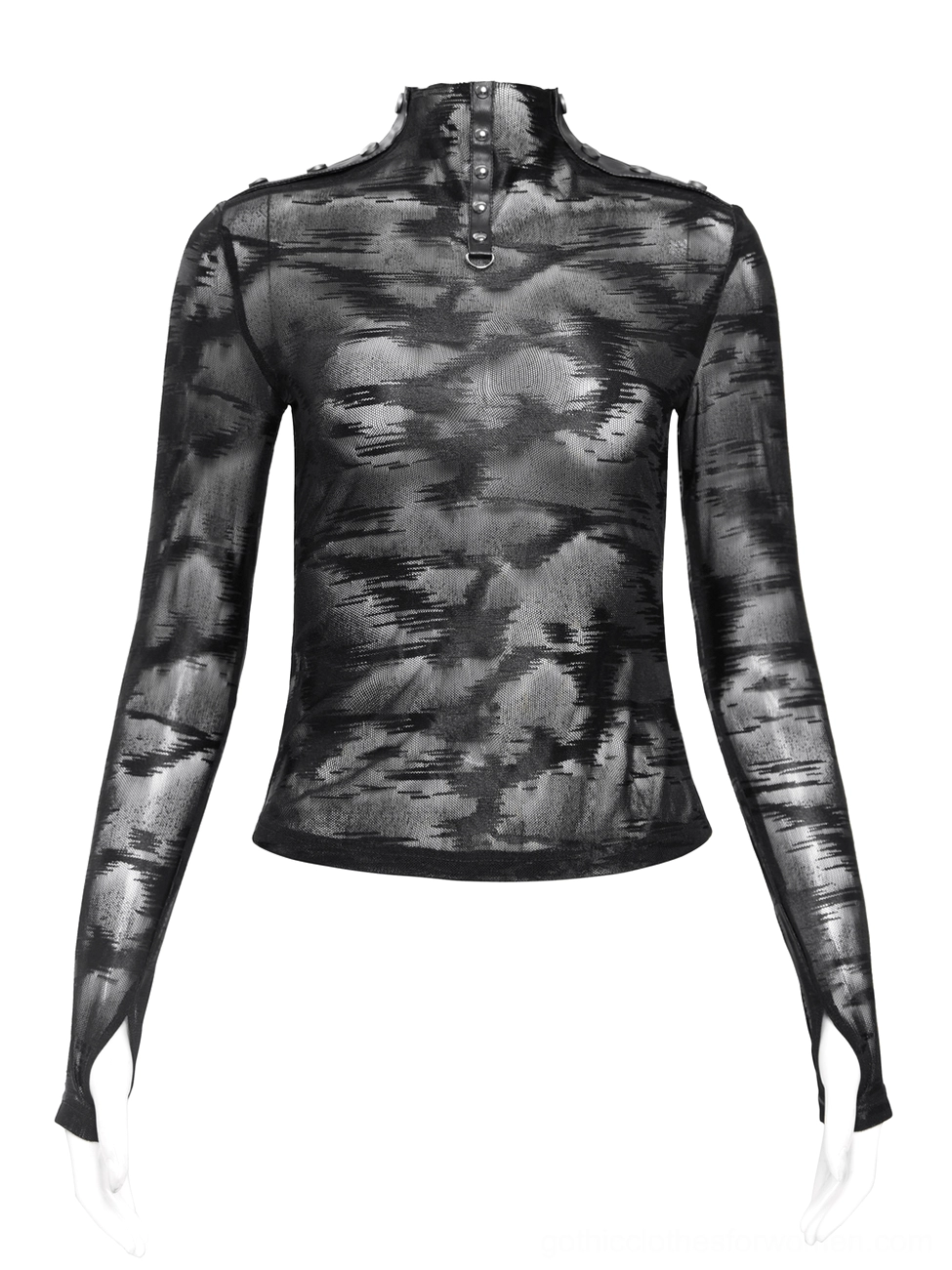 Mannequin display of black mesh gothic long sleeve top with studded collar