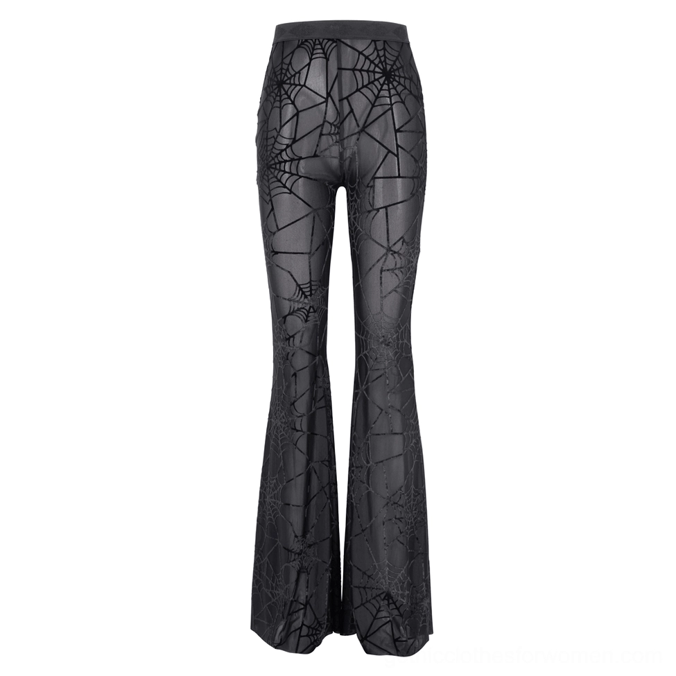 Black sheer spiderweb flare pants flat lay front - high waist design with velvet spiderweb print on mesh fabric
