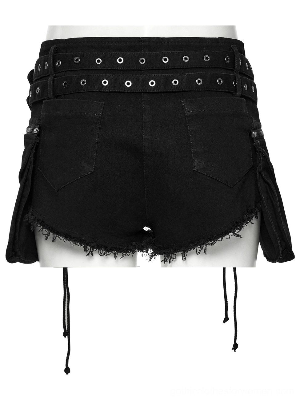 Back close-up detail of black denim shorts showing double eyelet belts, rear patch pockets, and intentionally distressed raw cut hem
