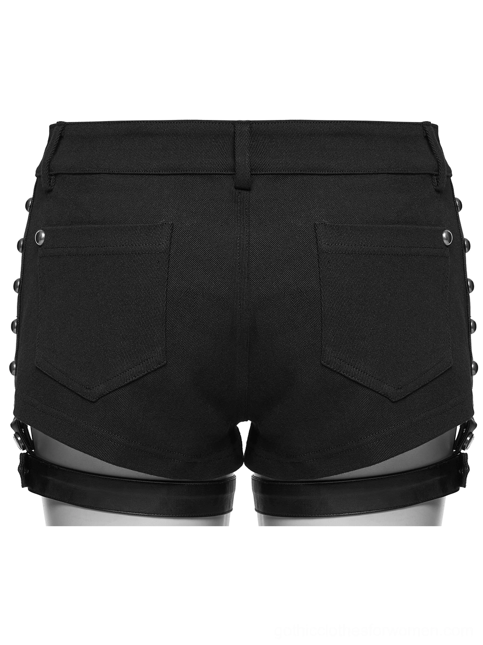 Back flat lay of black gothic shorts showing studded side trim, back pockets with rivets, and adjustable leg strap system