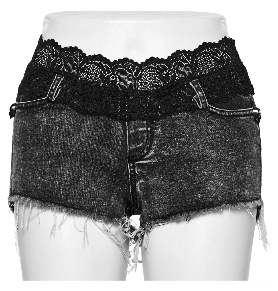 Close-up front view of high-waisted black denim shorts with scalloped lace waistband and front pocket details