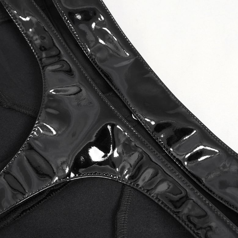 Black PU leather shorts leg opening and hem detail - slim fit construction and seaming