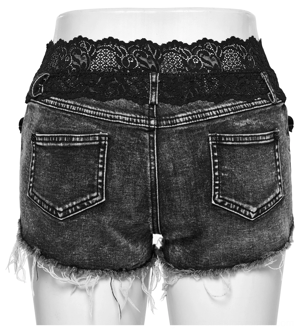 Back close-up of black denim shorts showing dual rear pockets with stitched detailing and frayed hem edges