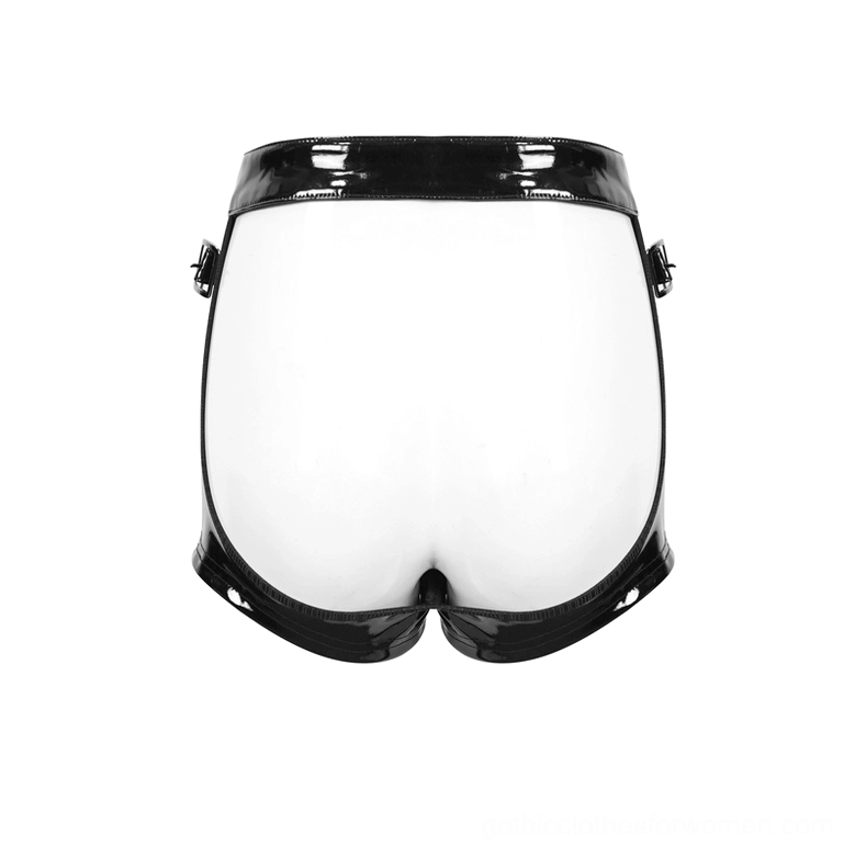 Rear waist view detail of black PU leather shorts - side fastener buckles and hollow back trim
