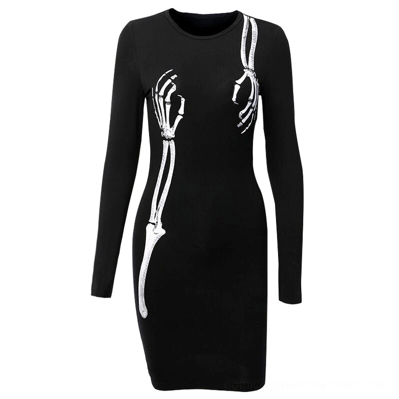 Black gothic mini dress displayed on dress form, front full view showing crew neck neckline and white skeleton arm graphic print