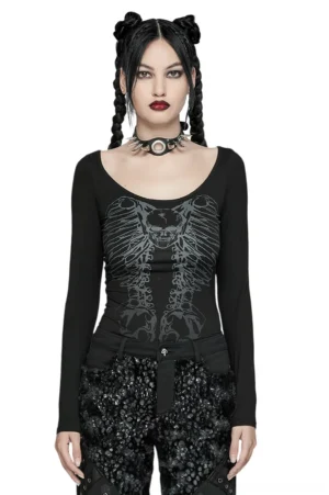 Black skeleton print gothic long sleeve top with metal chain lace-up back, worn by female model with braided buns, front view full-body shot