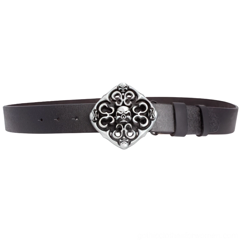 Slim punk rock leather belt with skull-carved buckle flat lay front view on white background, showing the full length and quality of the genuine cowskin