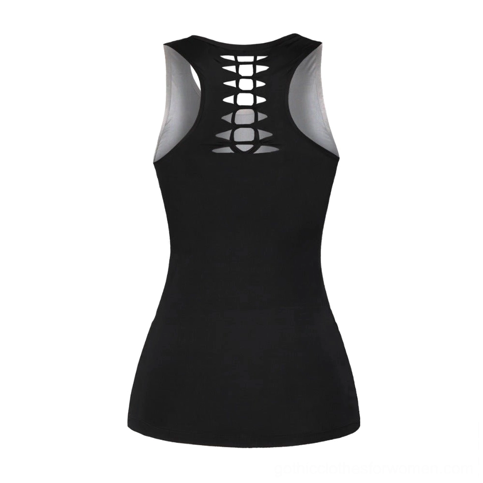Gothic women's tank top back view displaying hollow-out racerback with spine-shaped cutout design and black fabric construction