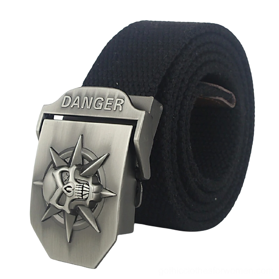 Black woven canvas skull belt with metal danger buckle spiked design front view