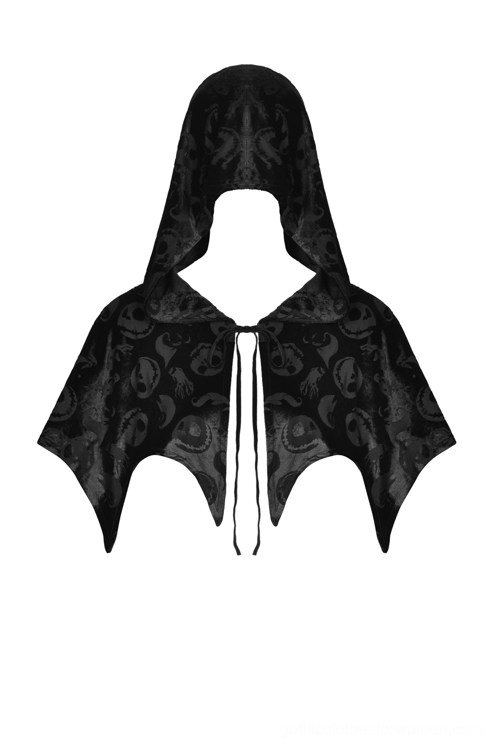 Black velvet gothic cape flat lay front view, skull embossed print, drawstring closure, bat-wing hem design detail