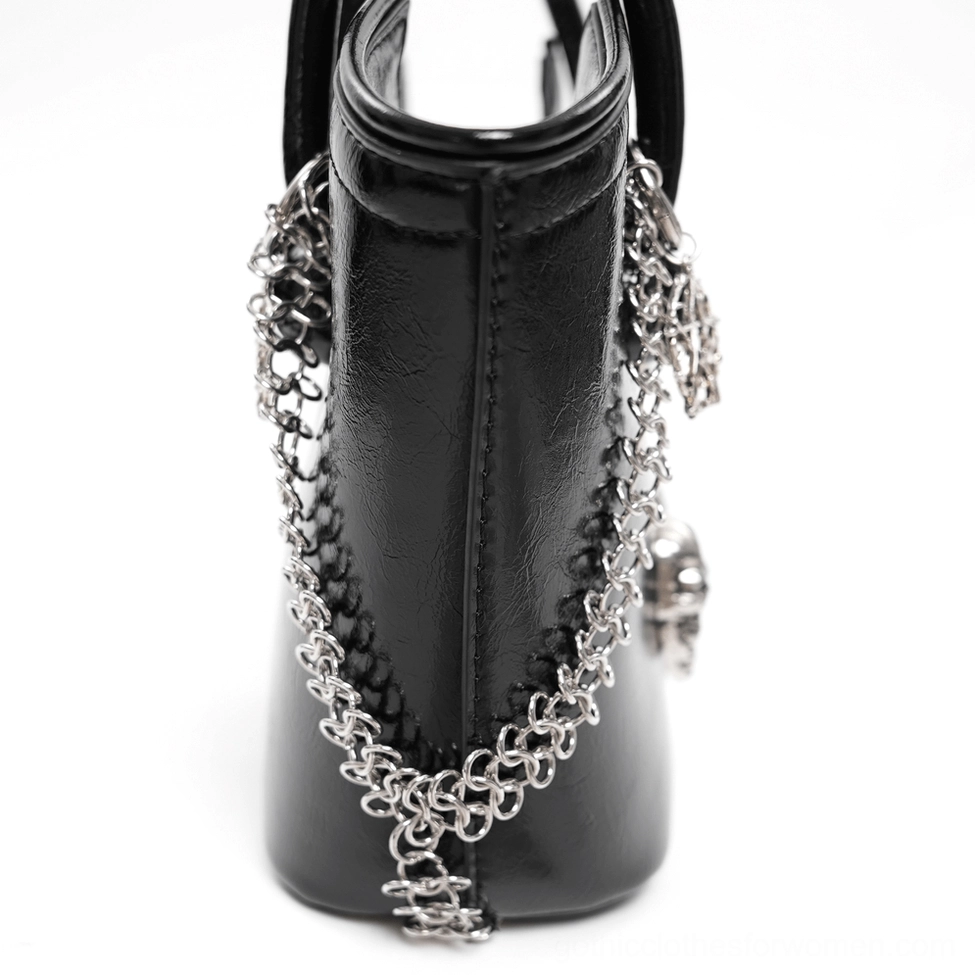 Black gothic skull chain tote bag with removable silver chain strap and pentagram accents, front product shot