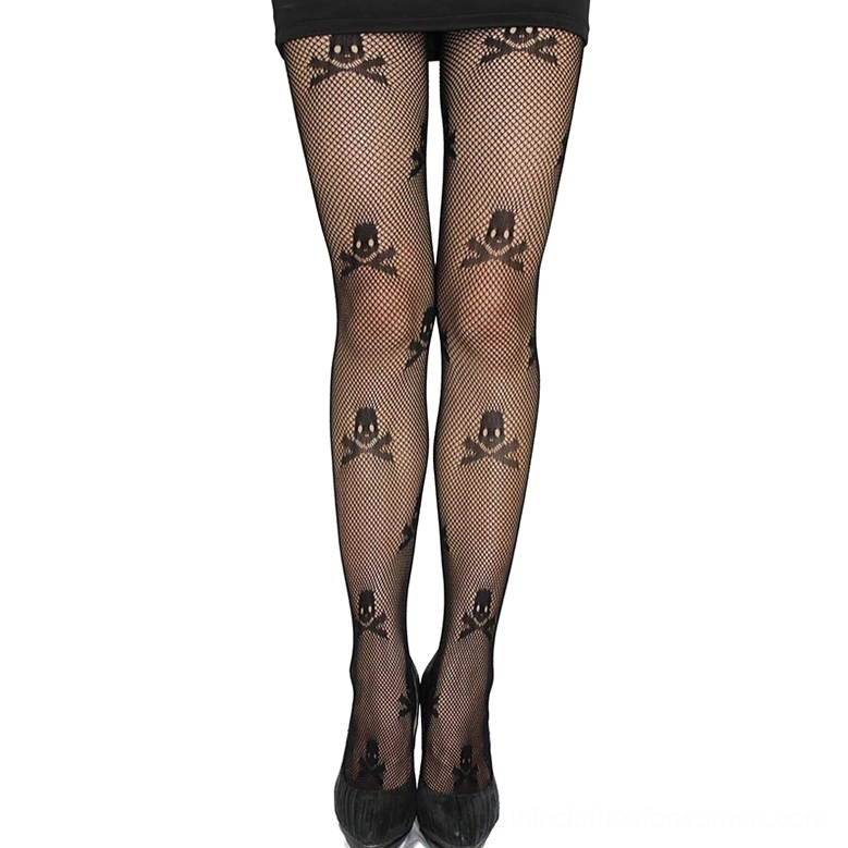 Black skull and crossbone mesh stockings - direct front standing view displaying full pattern arrangement
