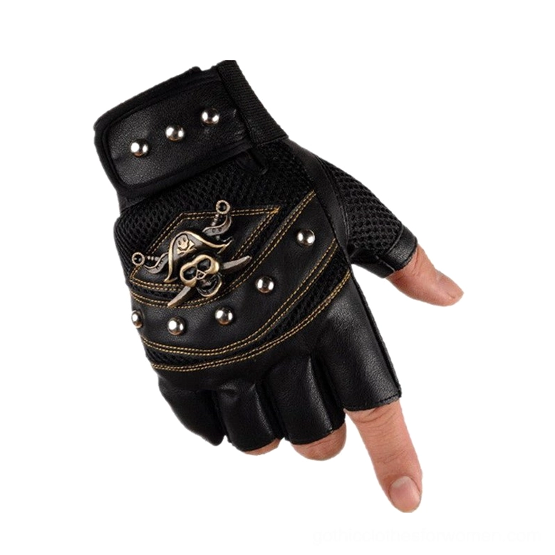 Side view of black skull rivet half-finger gloves showing pirate emblem and metal stud embellishments on white backdrop