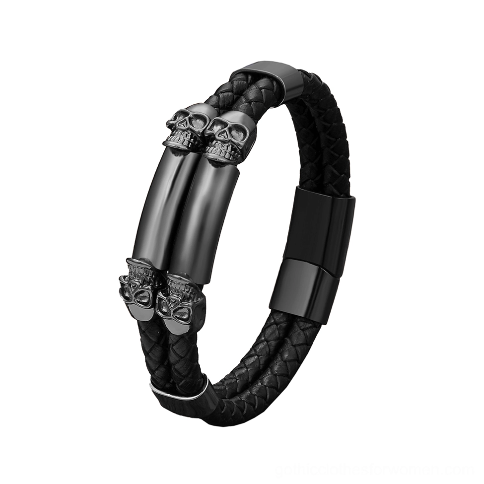 Black Gothic Skull Magnetic Bracelet with Braided PU Leather - Stainless Steel Heavy Metal Bangle