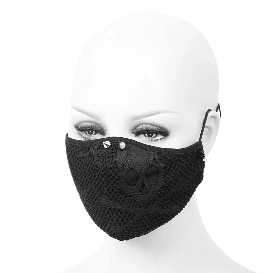 Black skeleton mesh gothic face mask on bald mannequin with adjustable ear cords and silver studs