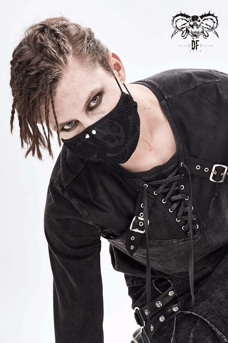 Black skeleton mesh gothic face mask styling demonstration on alternative fashion model