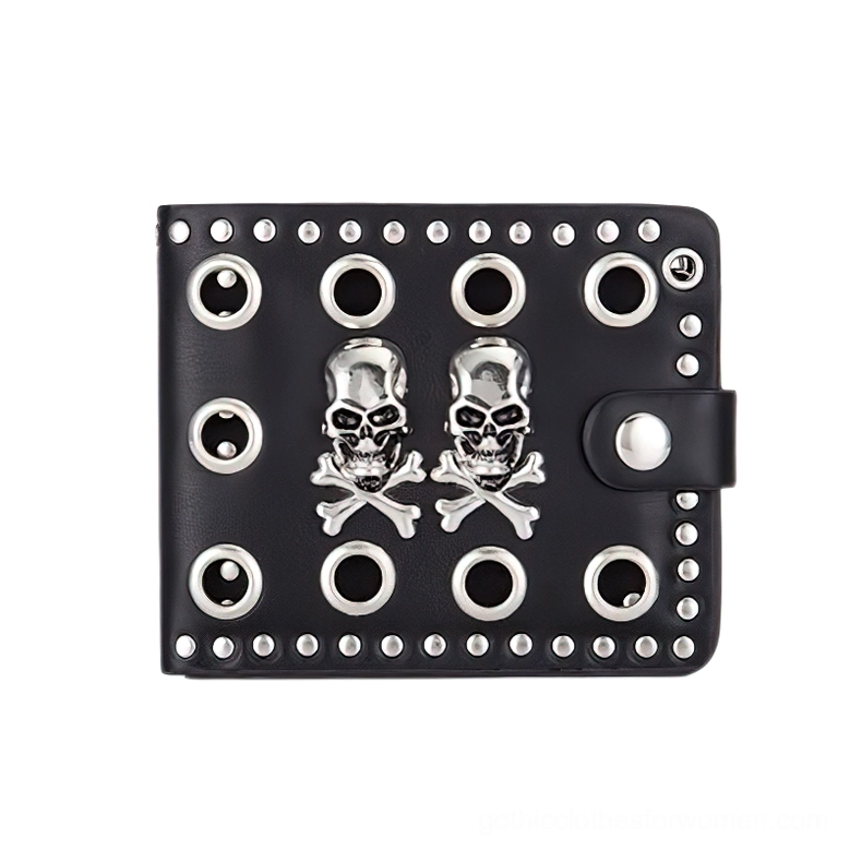 Black gothic skull rivet bifold wallet front view with dual silver skulls and industrial rivets on PU leather