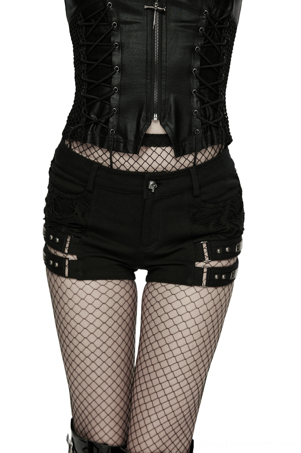 Black gothic punk cutout denim shorts with cross harness straps, front view on model wearing fishnet stockings