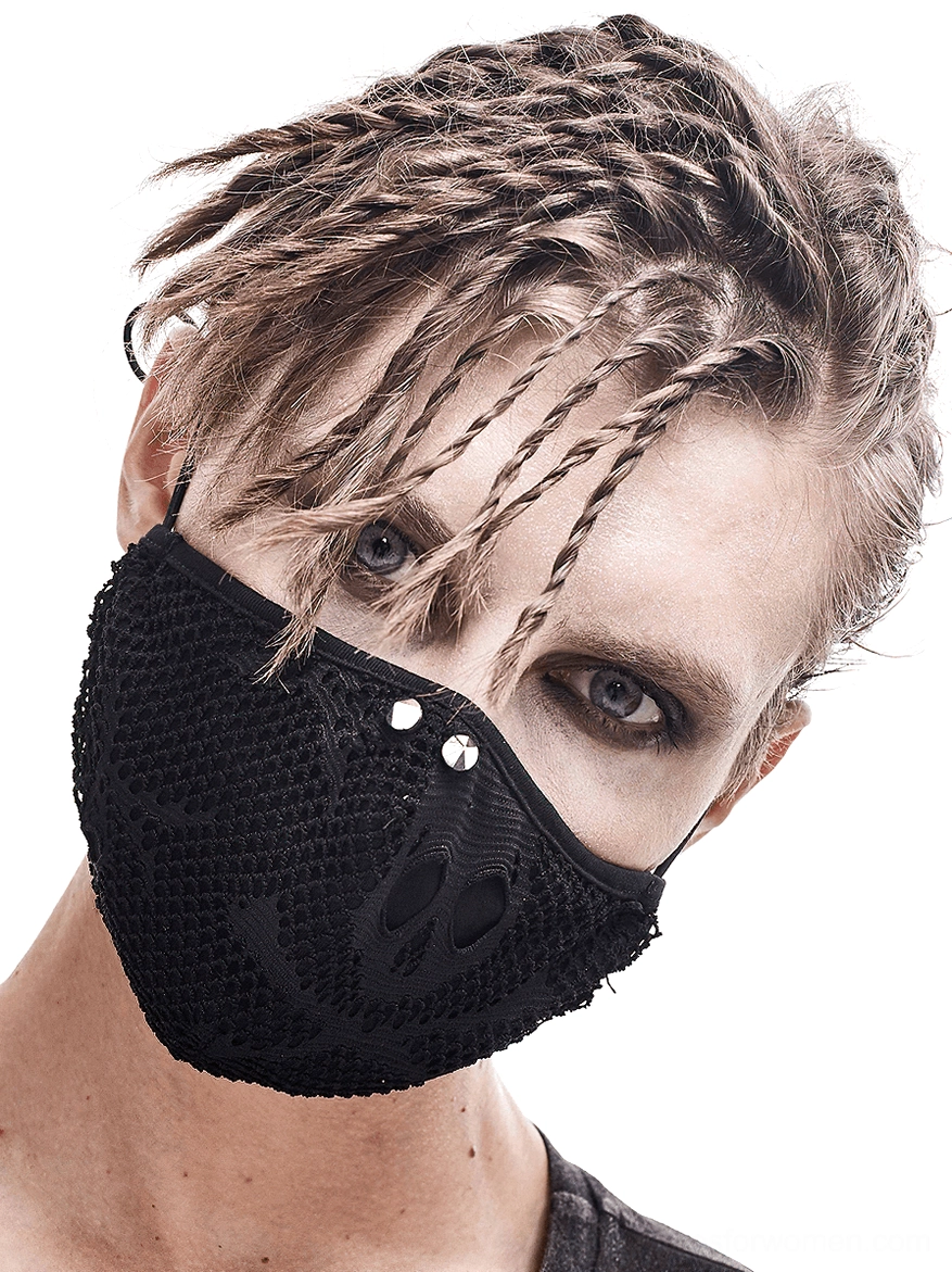 Black skull mesh gothic face mask close-up front view with silver studs and adjustable elastic cord on male model with punk styling