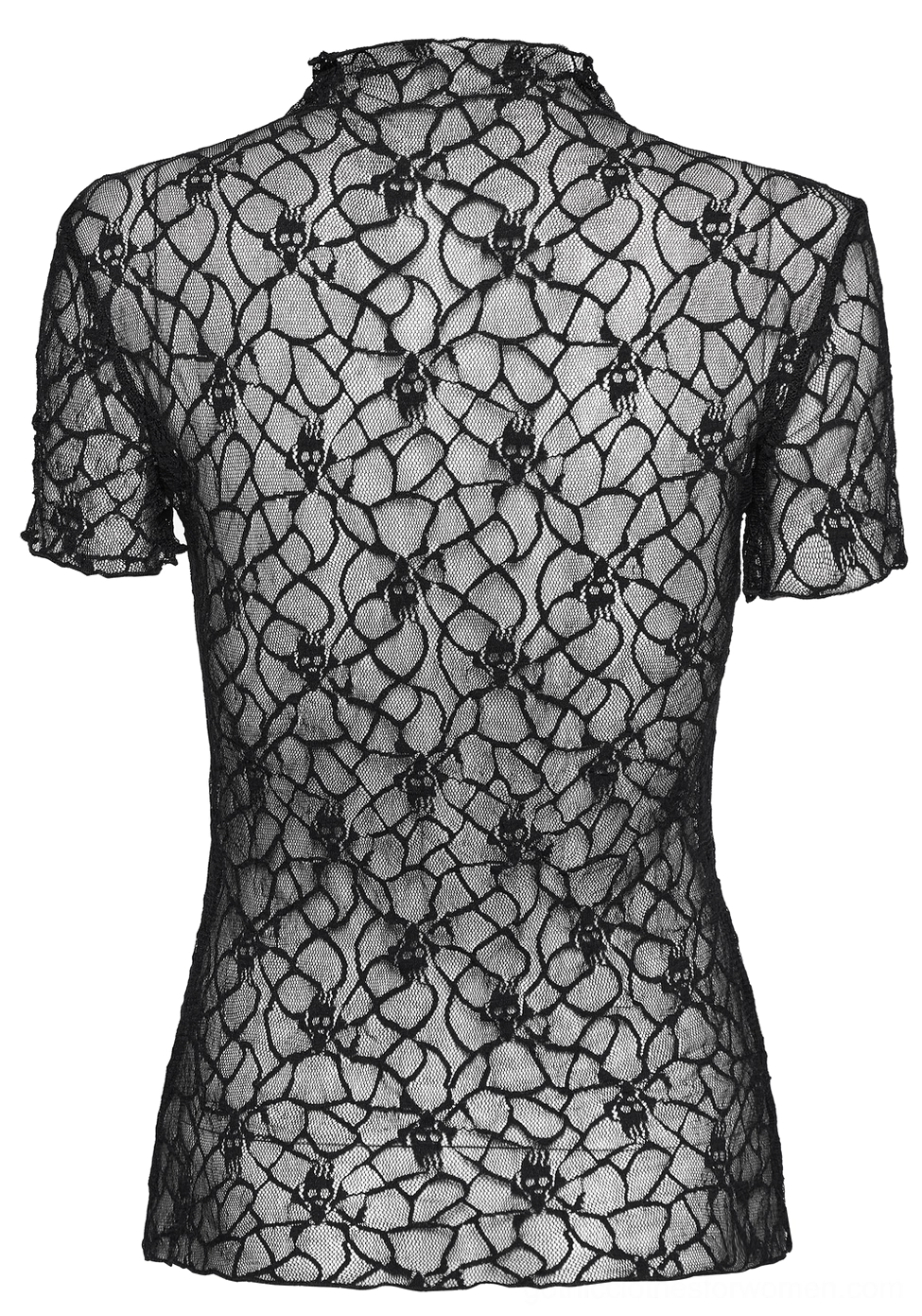 Black skull web lace gothic t-shirt back flat lay, displaying intricate skull pattern and short sleeve design
