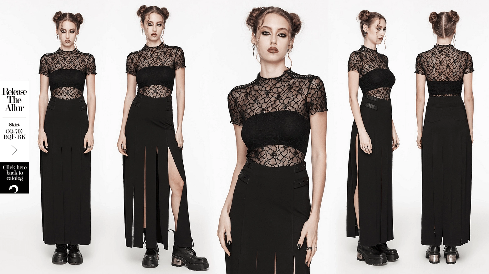 Black skull web mesh gothic t-shirt complete product showcase front view, highlighting fitted cut and metal-trimmed neckline