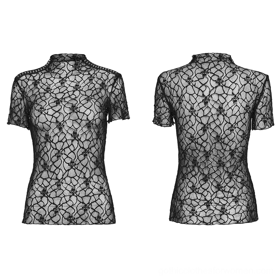 Black skull web lace gothic t-shirt front and back flat lay comparison on white background, showing mock neck and short sleeves