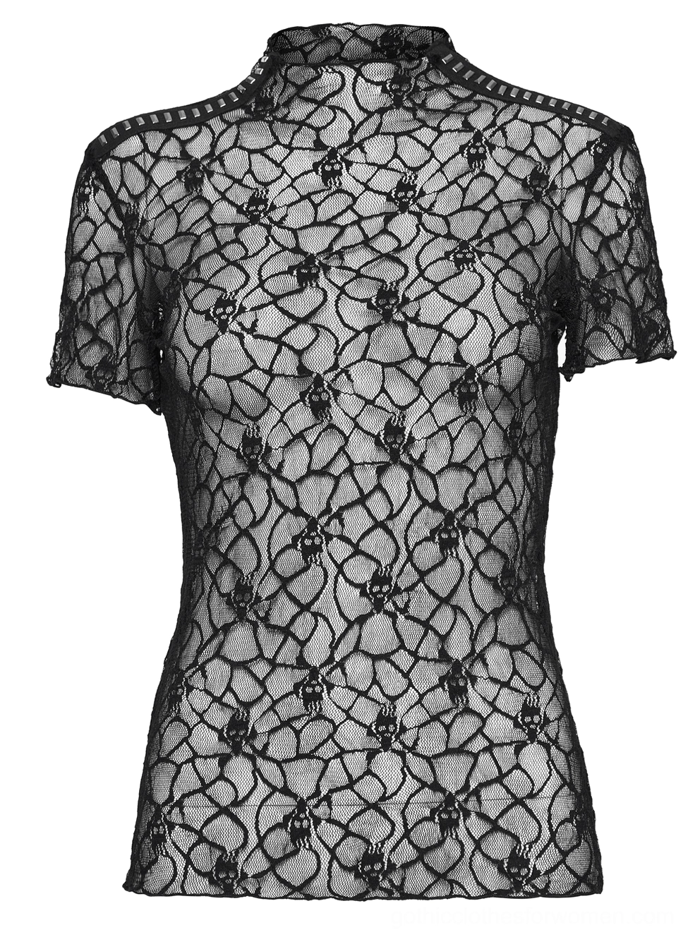 Black skull mesh gothic t-shirt front flat lay display, fitted silhouette with intricate lace motif on white background