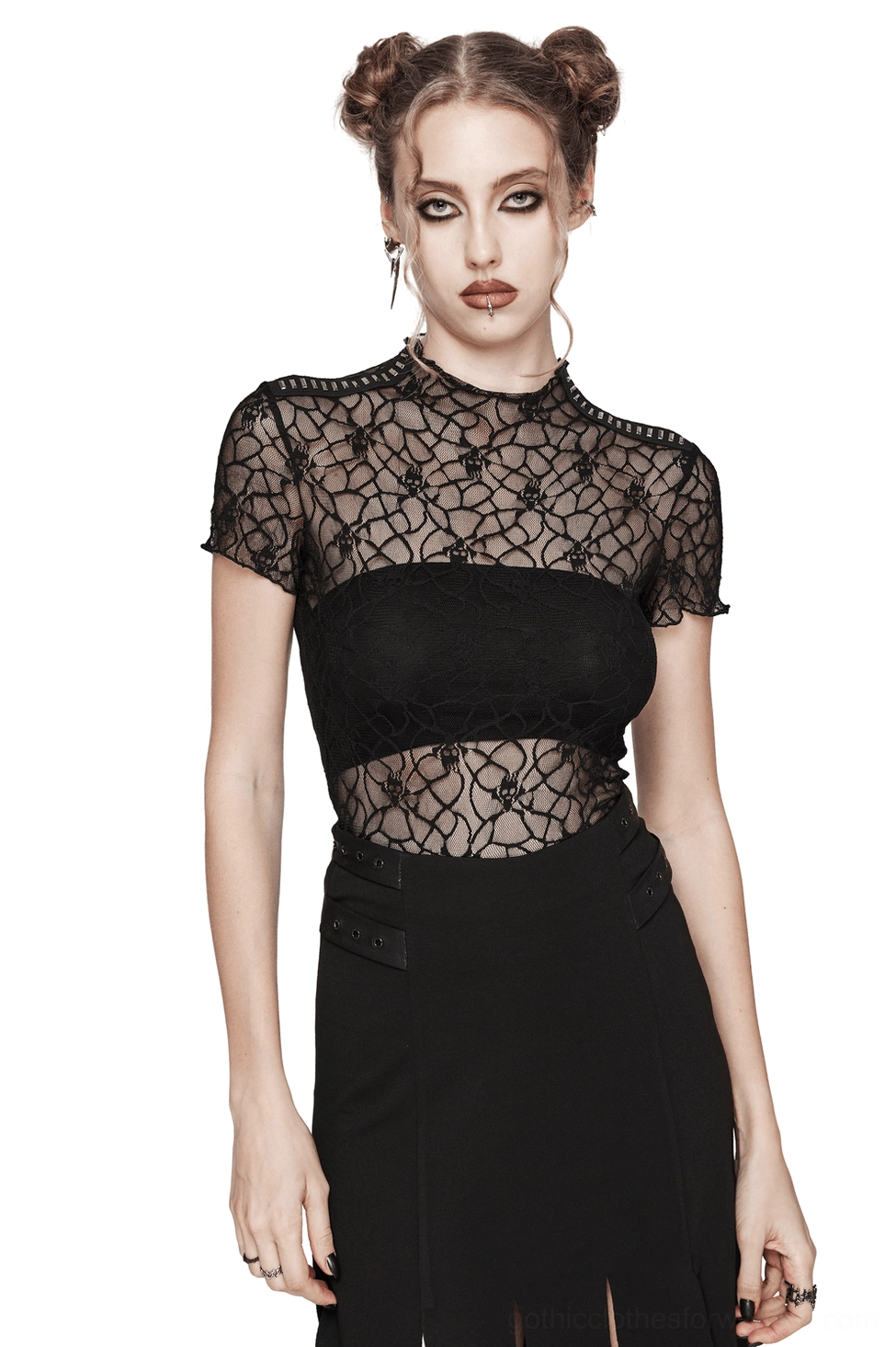 Black skull mesh gothic t-shirt front view with metal stud mock neck, featuring intricate lace pattern on model with space buns hairstyle