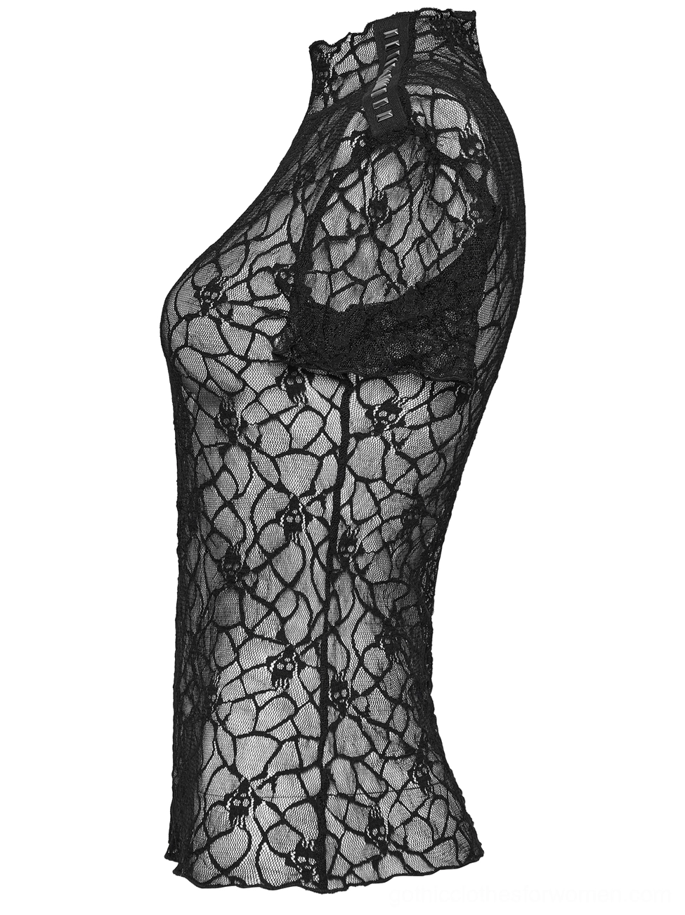 Black skull lace punk t-shirt side profile flat lay, showing sheer fitted silhouette and mesh fabric texture