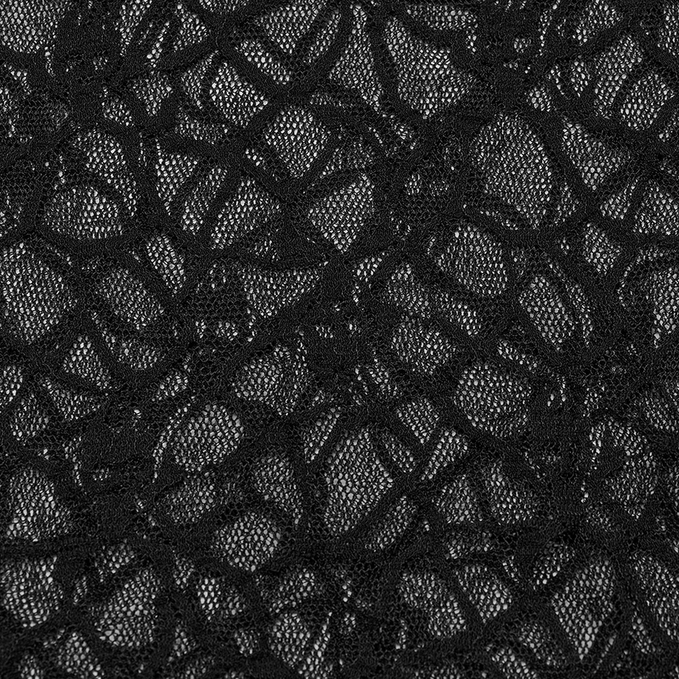 Extreme macro close-up of black skull web lace pattern showing intricate gothic mesh design on sheer polyamide base