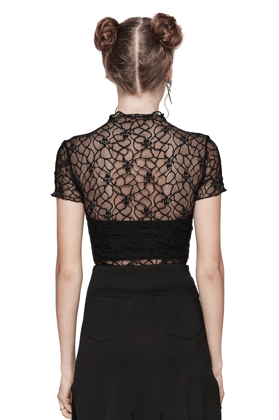 Sheer black skull lace punk top back view on model, paired with black skirt, showing cropped hemline and mesh transparency