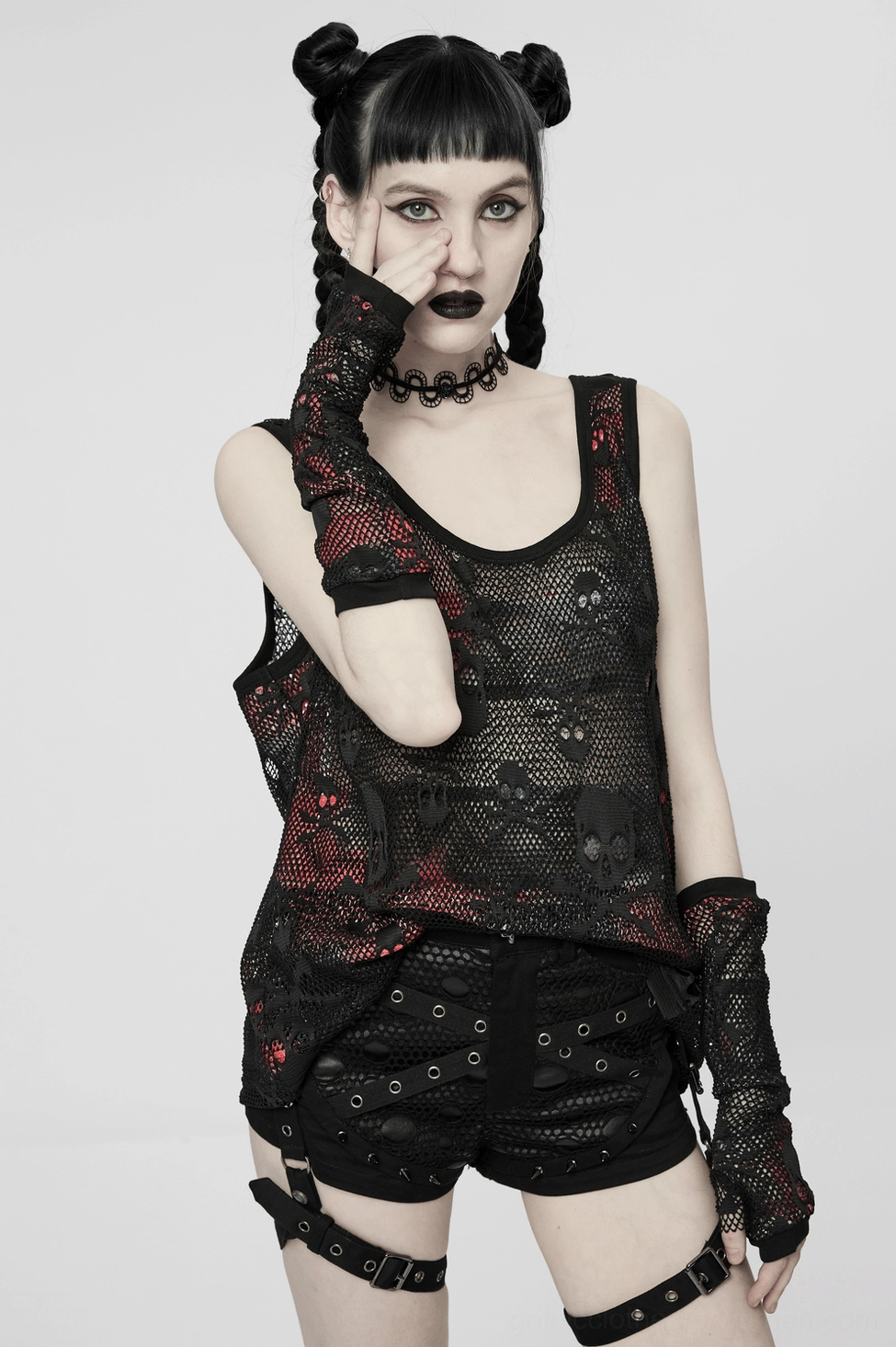 Complete skull mesh gothic tank top and fingerless gloves set in black with red plaid lining - product overview