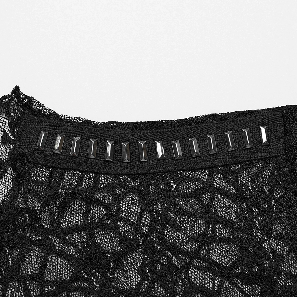 Close-up detail of black gothic t-shirt mock neck with metal stud square alloy webbing trim and neckline construction