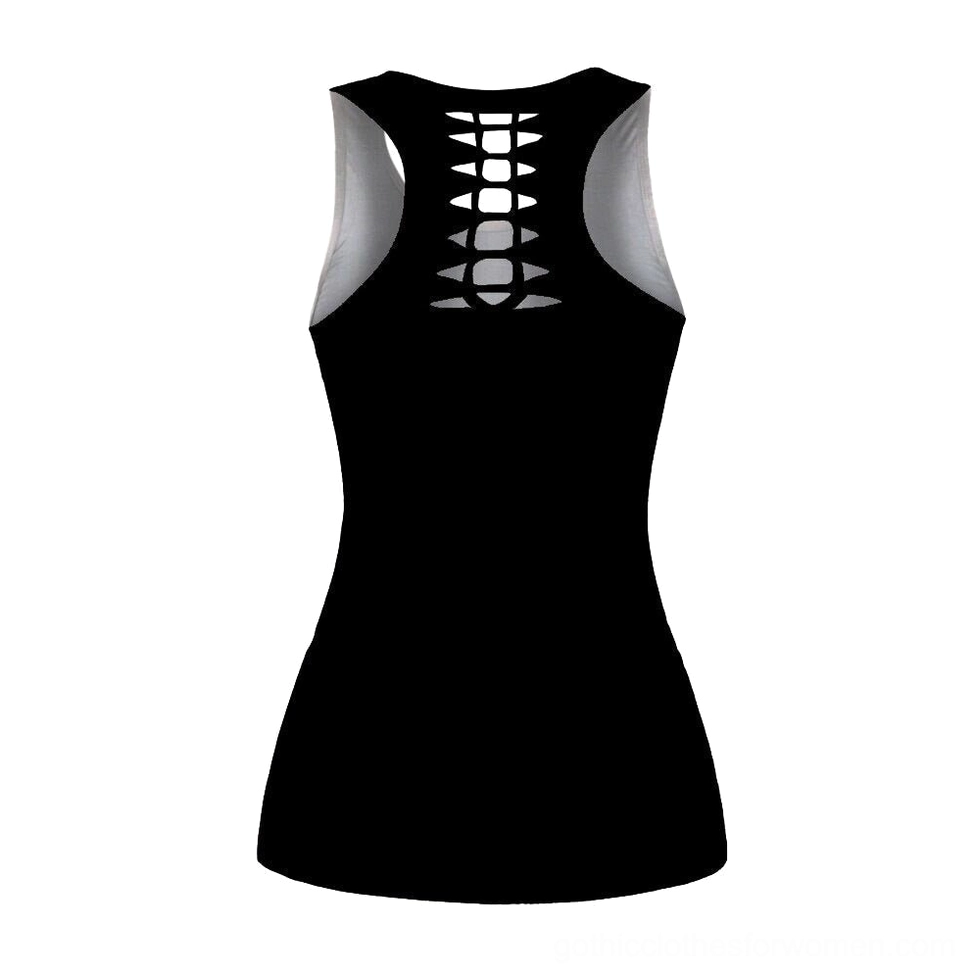 Black skull smoke print gothic tank top back view - showing ladder-strap hollow-out racerback cutout detail on white background