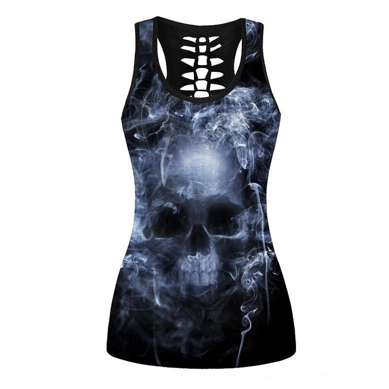 Black skull smoke print gothic tank top front view - sleeveless crew neck crop top with blue ethereal skull design on white background