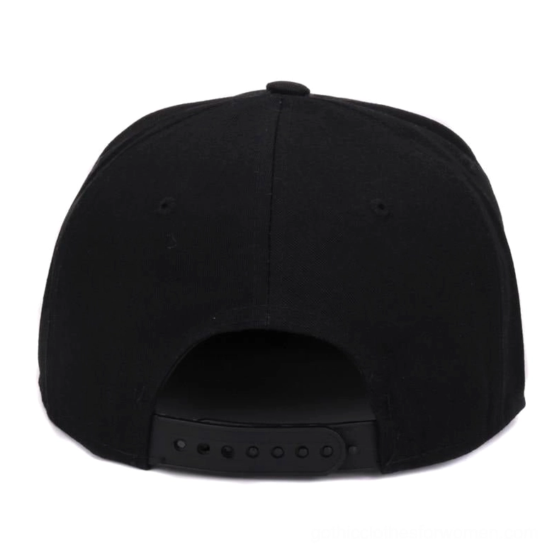 Black flat brim gothic snapback baseball cap back view with ventilation eyelets