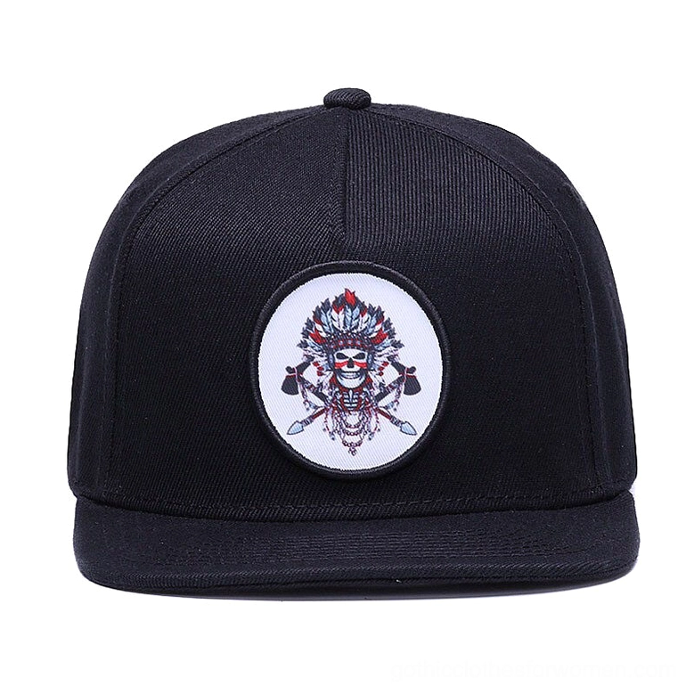 Black skull embroidered snapback cap - front view studio photography gothic aesthetic