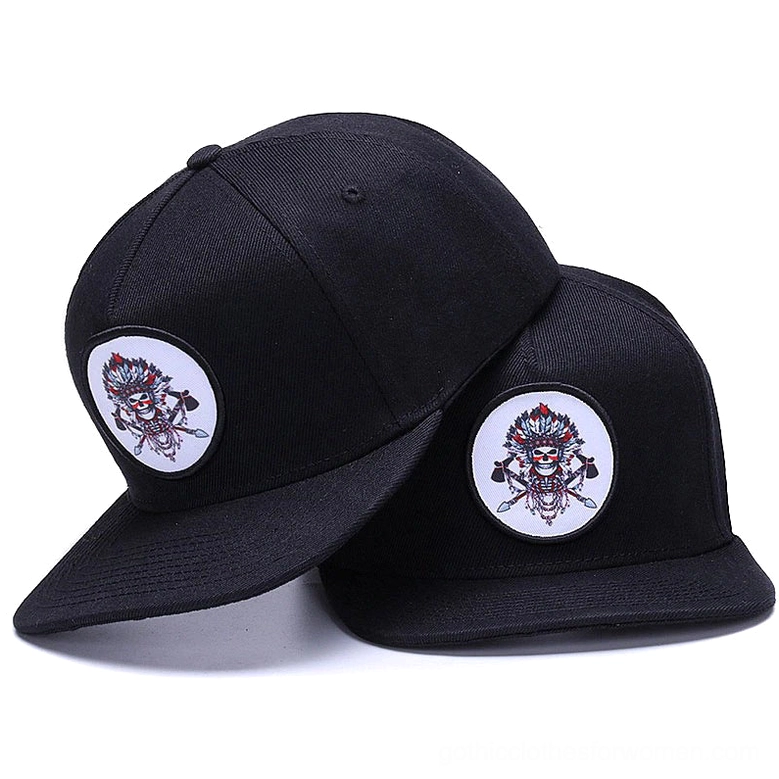 Black skull embroidered snapback gothic baseball cap with adjustable closure - oblique front view