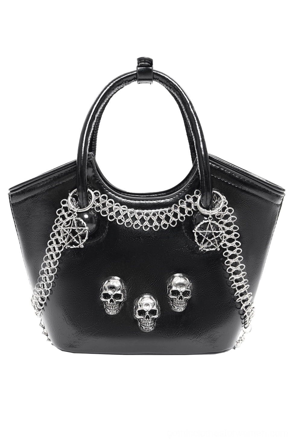 Black gothic skull chain tote bag with silver pentagram and chain decoration, product front view