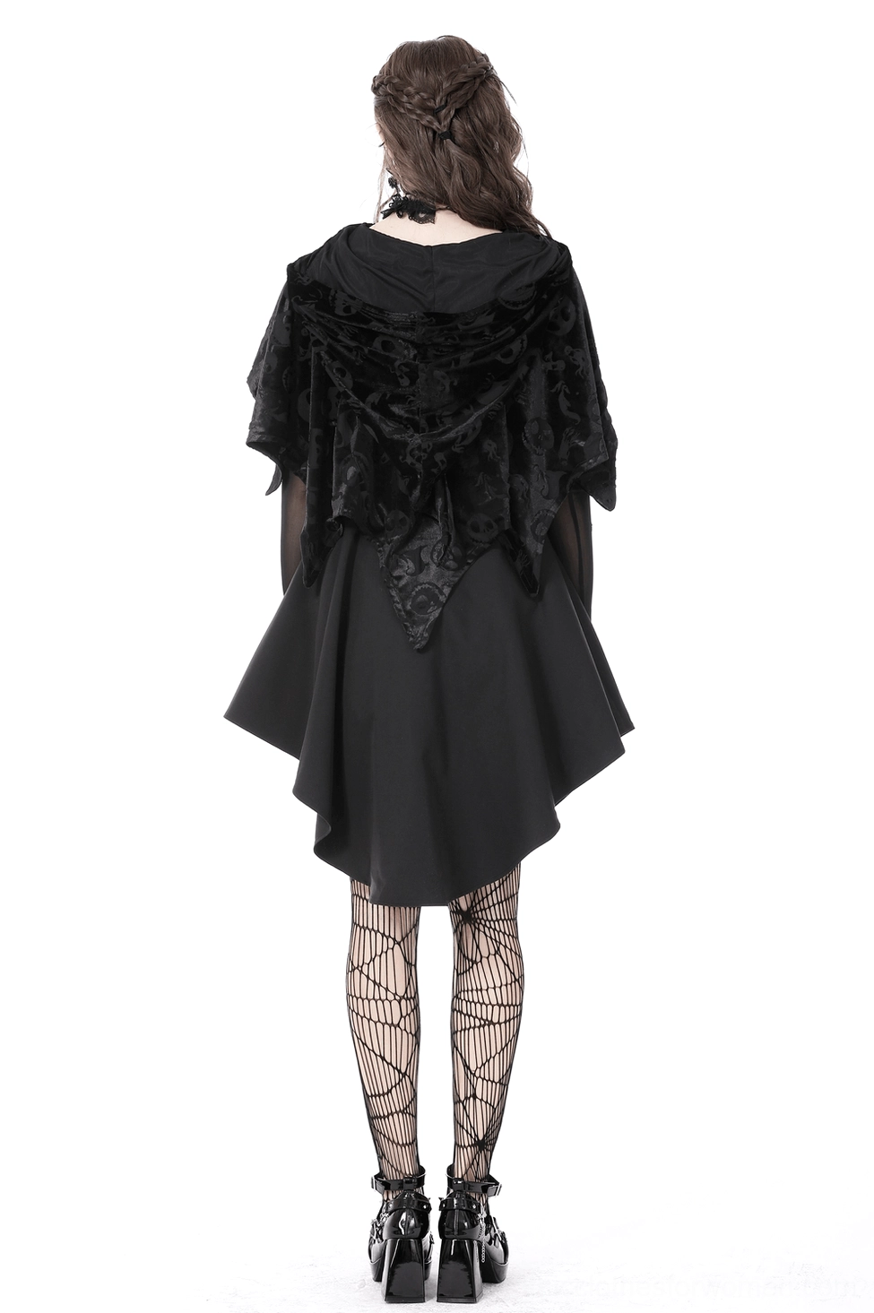 Black skull embossed velvet cape, hooded gothic design, irregular hem, complete alternative fashion statement piece