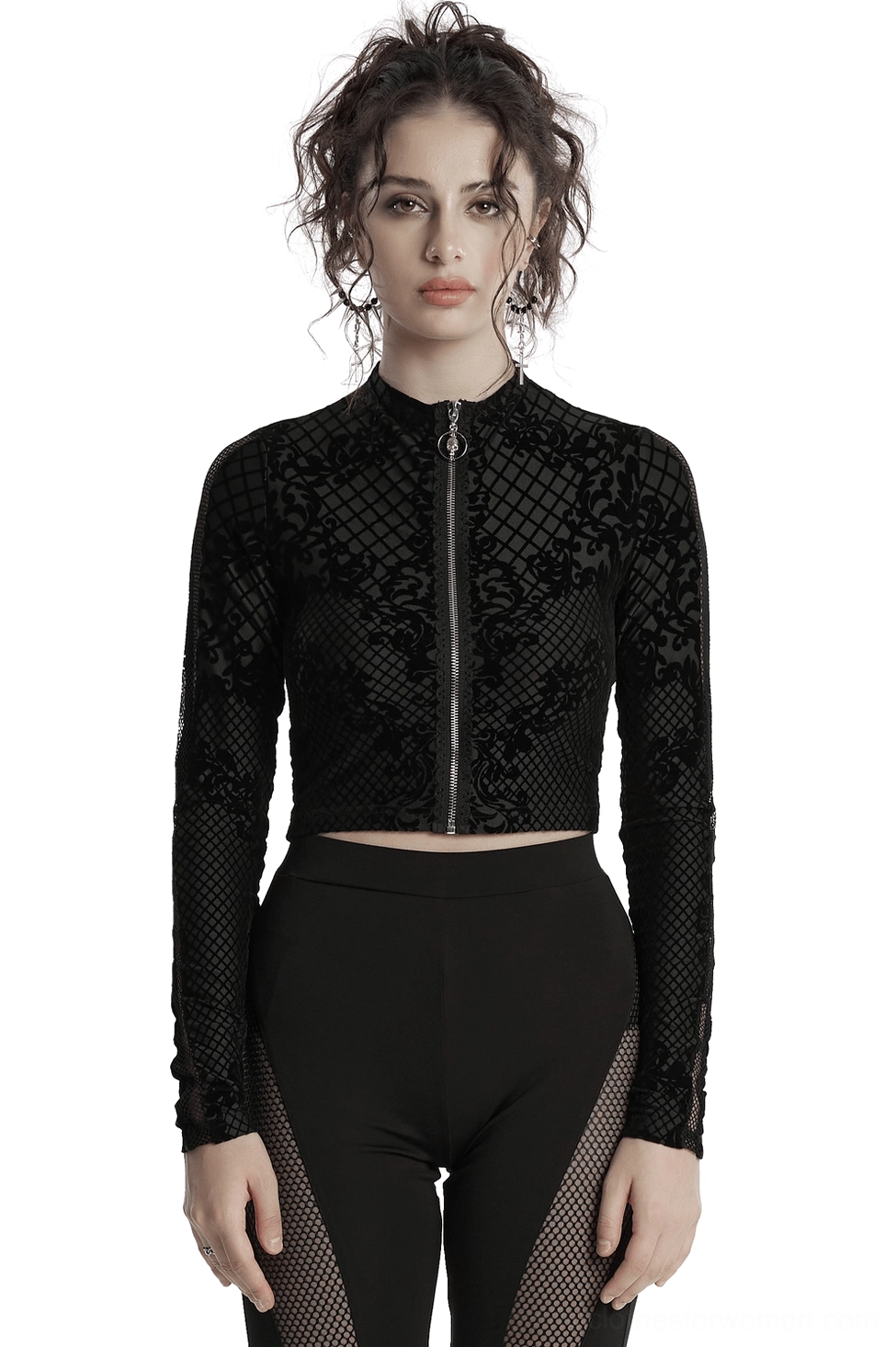 Black gothic mesh crop jacket with skull zipper front view on model, showing damask flocking pattern and cropped fit