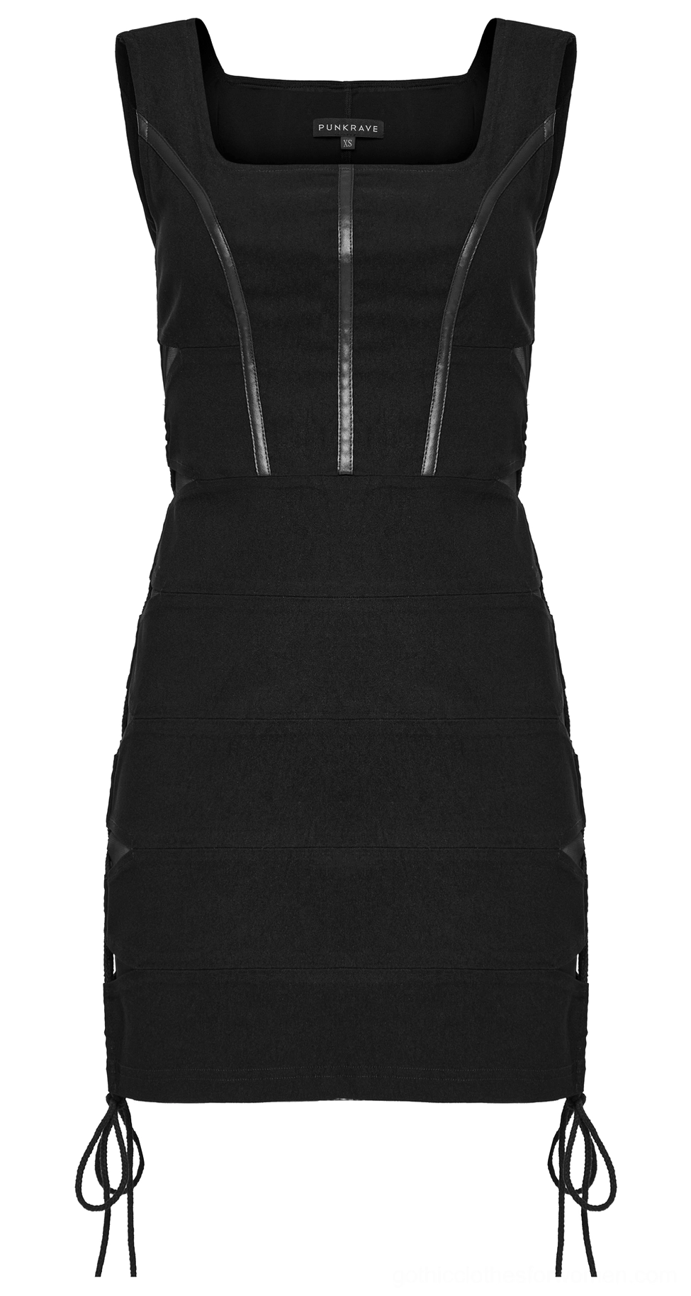 Black sleeveless mini dress flat lay showing square neckline, faux leather bodice panels, and drawstring hem construction