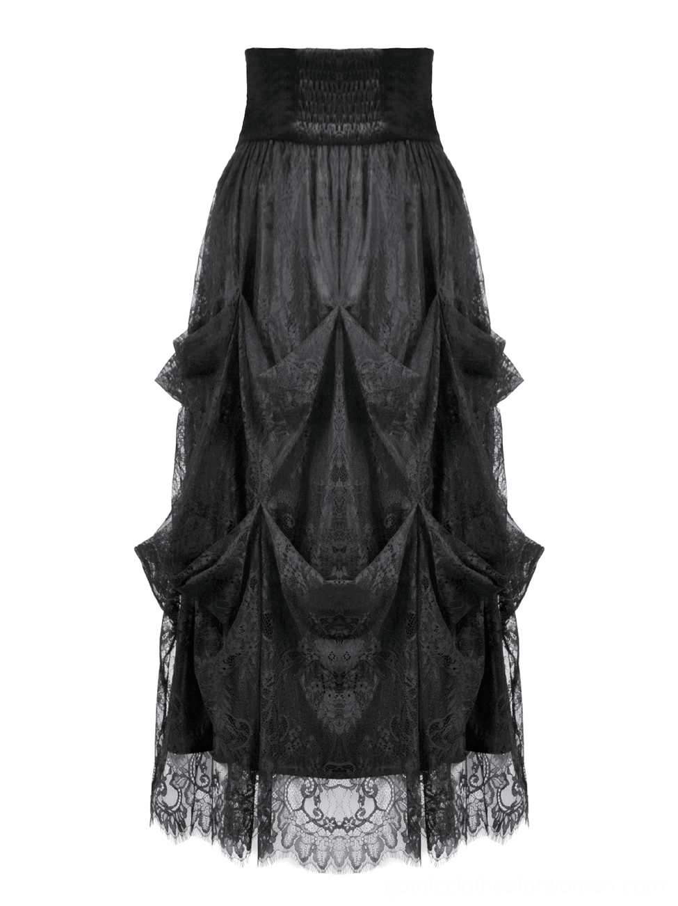 Black smocked waist lace maxi skirt flat lay product display showing shirred high waist and solid lace fabric construction