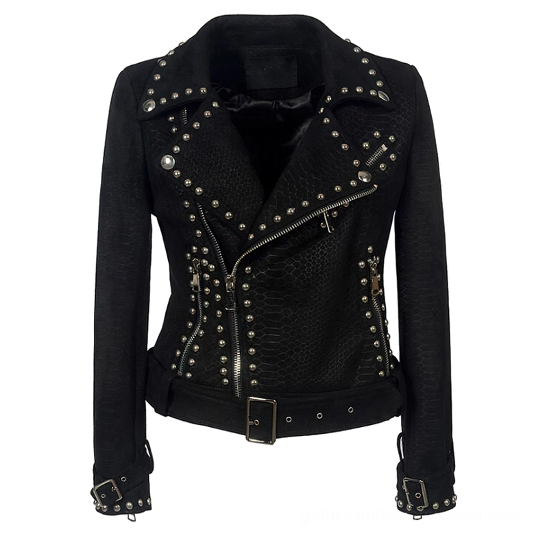 Black snakeskin texture studded biker jacket with adjustable waist belt, gothic motorcycle style jacket front display