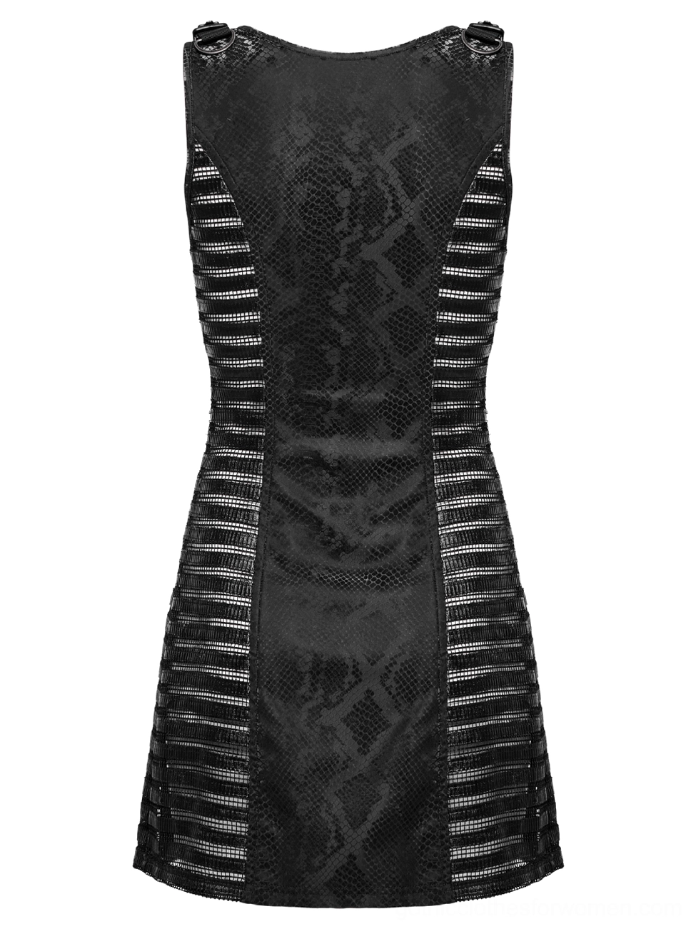 Black snake print gothic dress back flat view displaying solid central snake print panel with side mesh strips