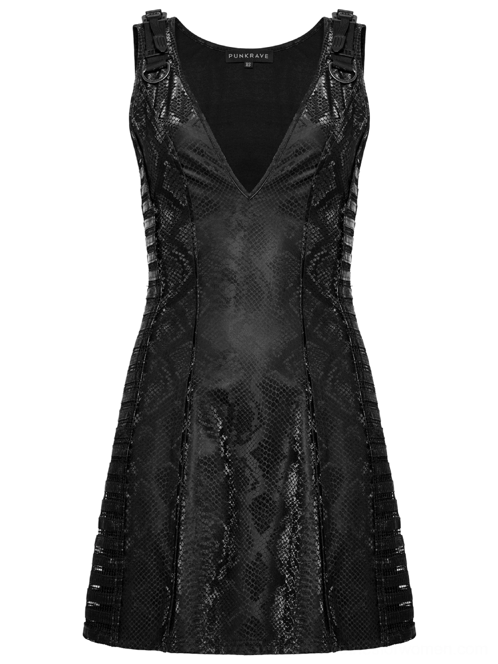 Black snake print gothic dress with adjustable metal D-ring buckle straps and deep plunging V-neckline detail