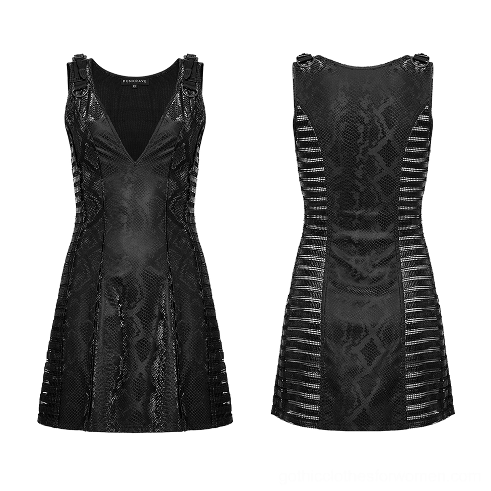 Black snake print gothic dress flat lay showing front and back design with flared hem and striped mesh inserts