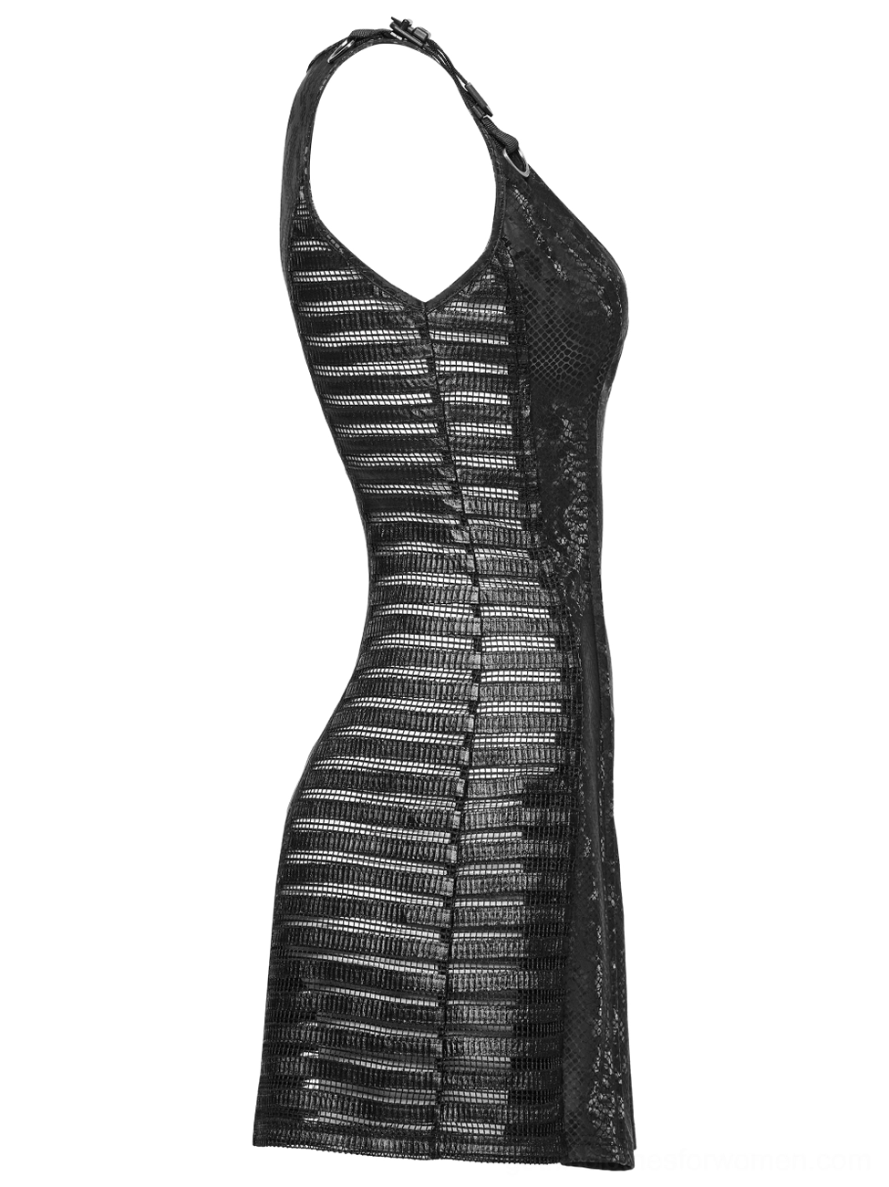 Black snake print gothic dress side profile view showing vertical striped mesh panels and bodycon fit